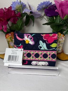 NWT Vera Bradley Ribbons Coin Purse Zippered Case 4”x5” Retired Pattern